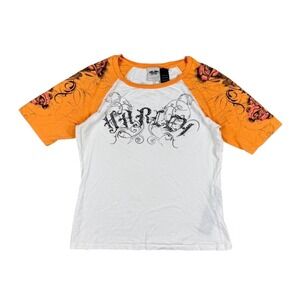 Harley Davidson Y2K Womens Raglan L‎ Orange White Rose Tribal Tattoo Rhinestone